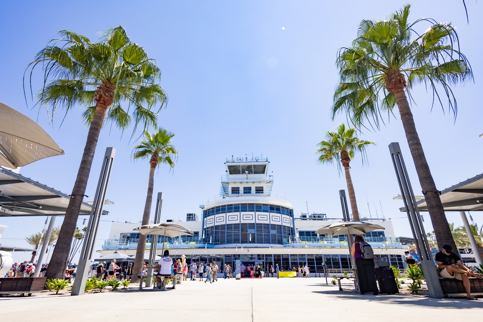 Long Beach Airport historic terminal exterior and palm trees