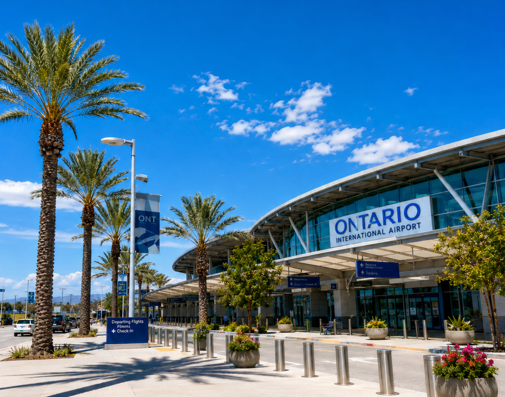 Ontario International Airport entrance sign and palm-lined exterior