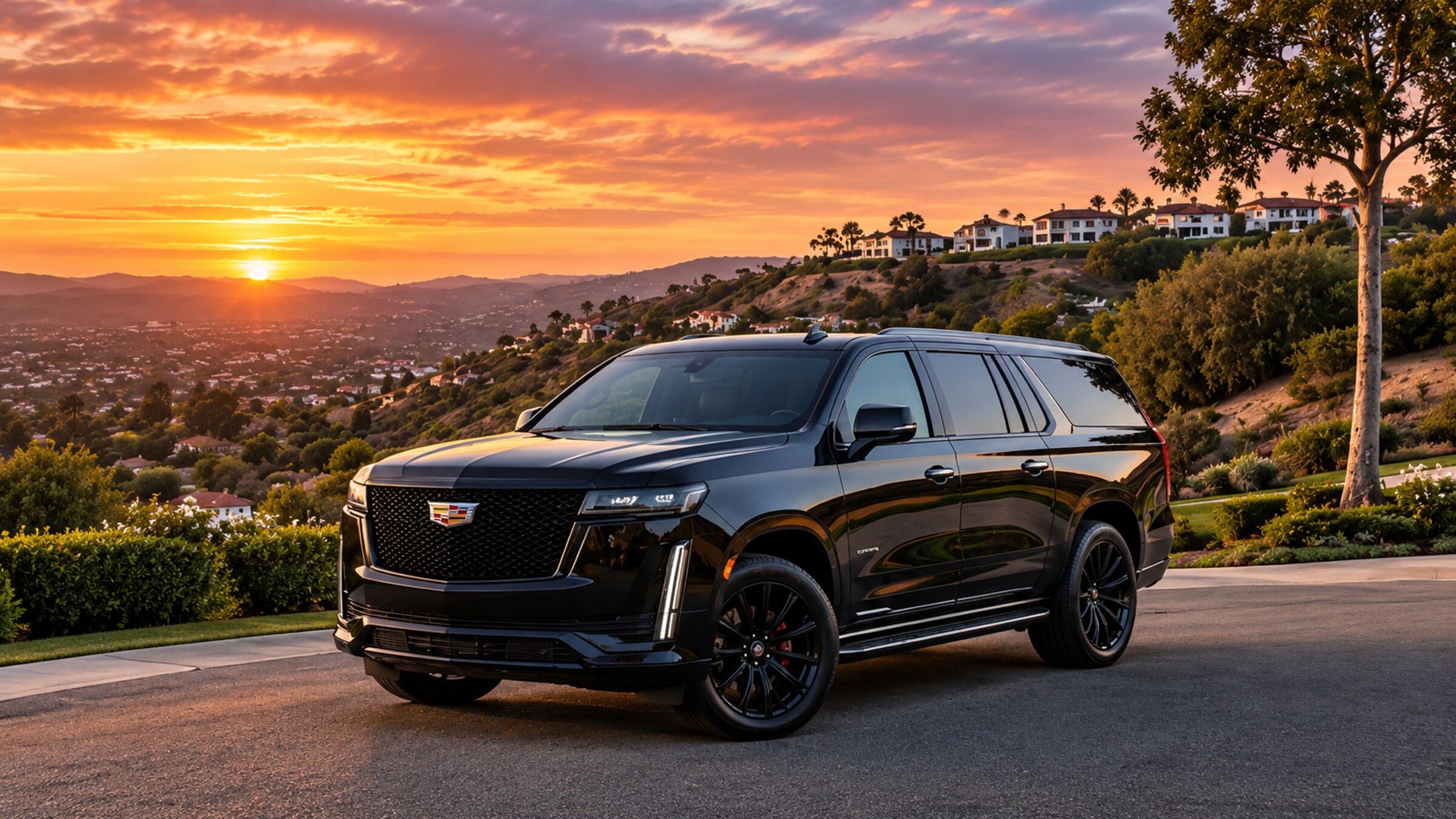 Black luxury Cadillac Escalade ESV with black wheels in Southern California